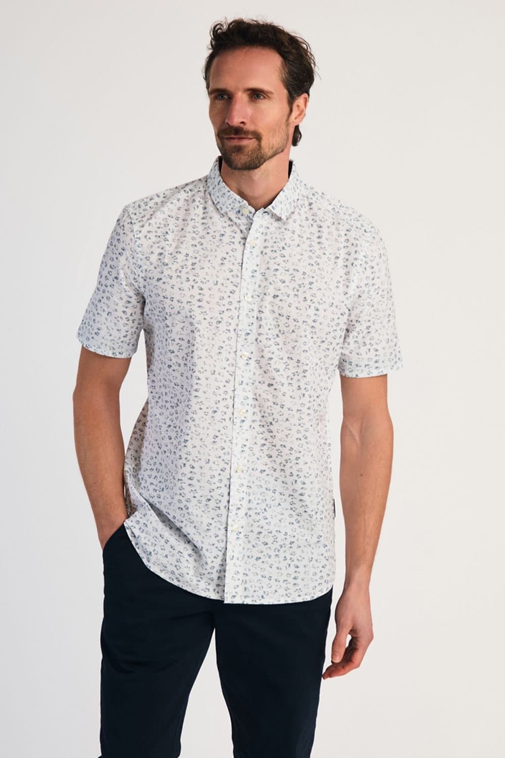 French Connection French Connection Men's Cotton Short Sleeve Floral Shirt in White