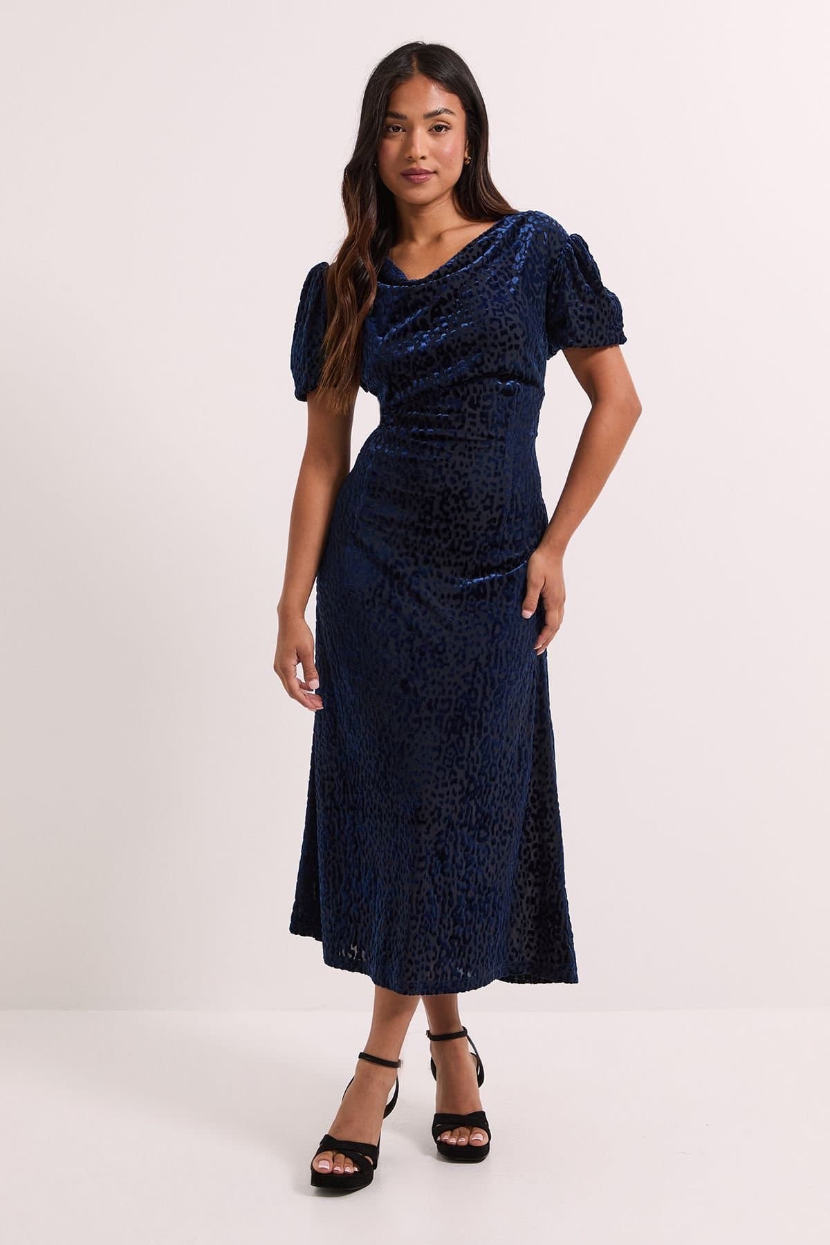 Dorothy Perkins Dorothy Perkins Women's Petite DP Luxe Cowl Neck Puff Sleeve Midi Dress in Leopard