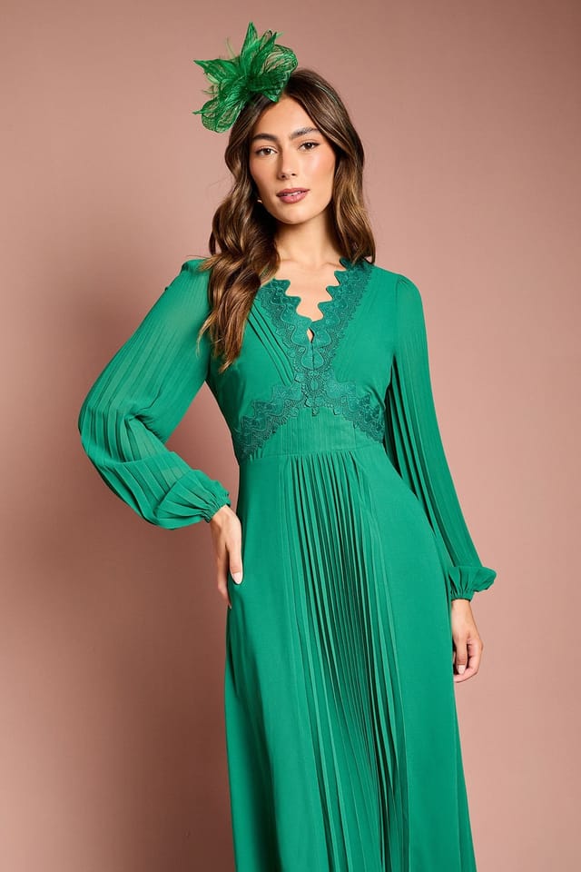 Coast Coast Women's Pleat Detail Lace Trim Maxi Dress in Emerald - 2