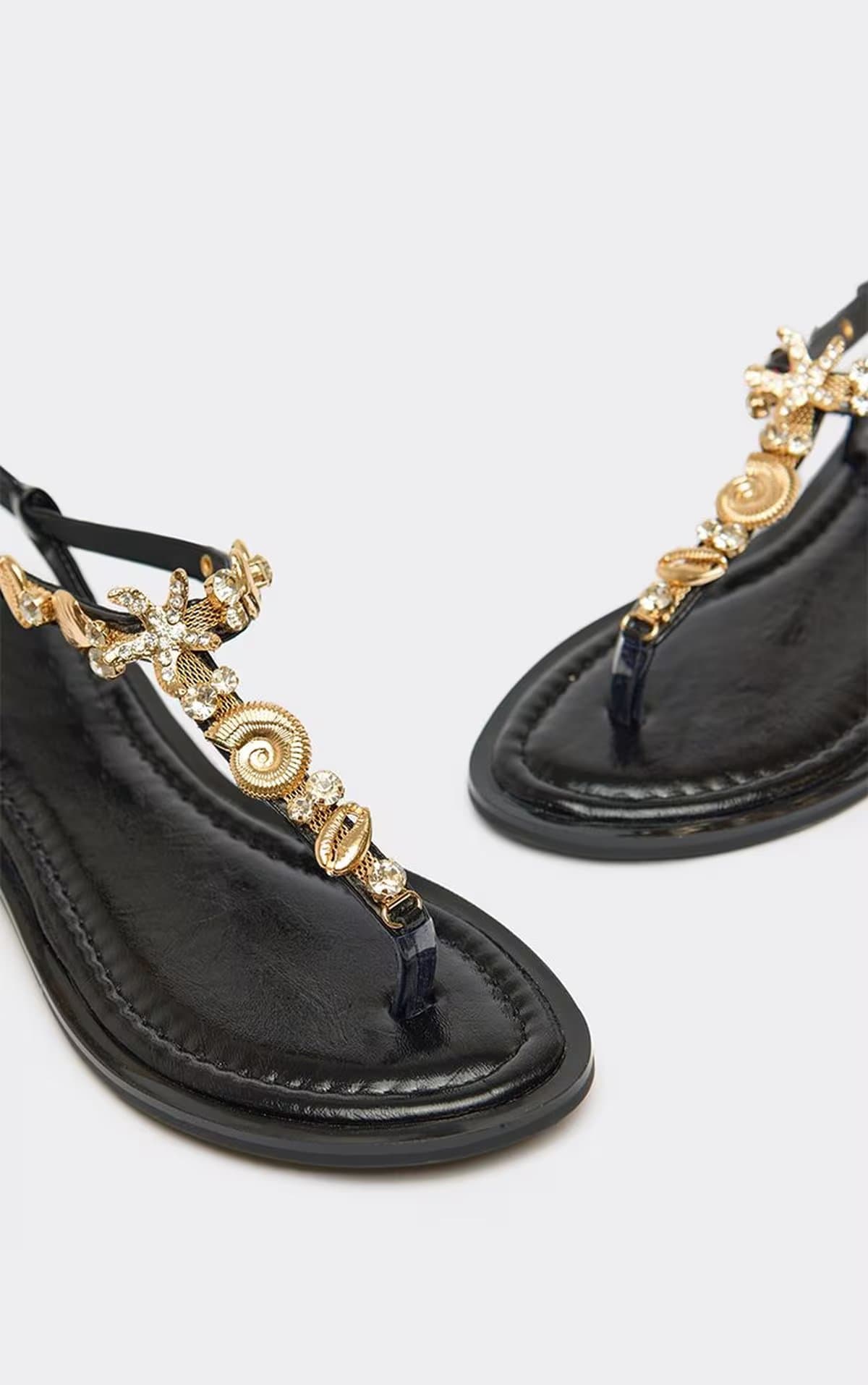 EGO Lowanna Diamante Gem Detail Thong Strap Flat Sandal In Black Faux Leather, Women's Size UK 3
