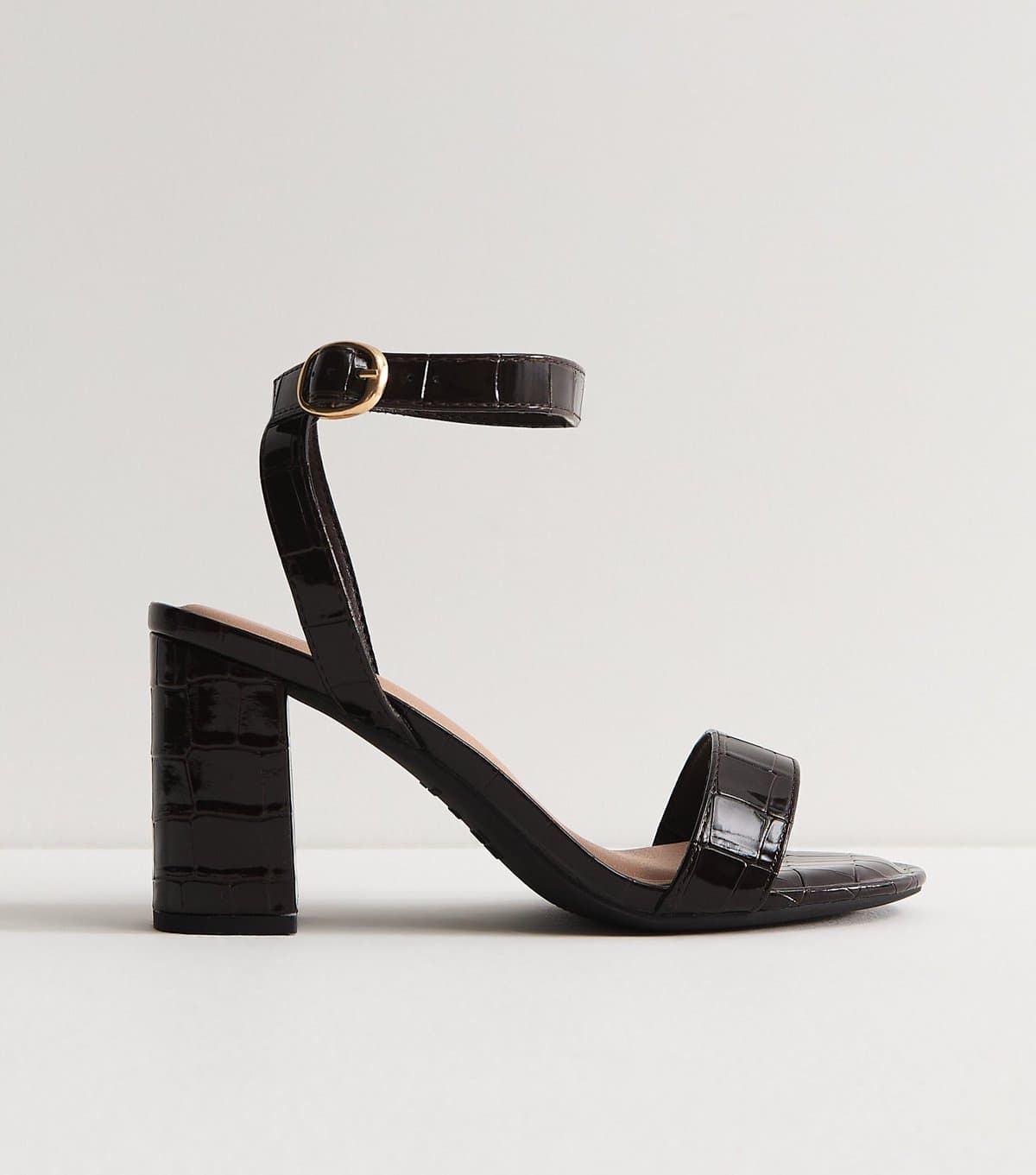 New Look Women's Wide Fit Dark Brown Crocodile Embossed Block Heel Sandals Vegan New Look
