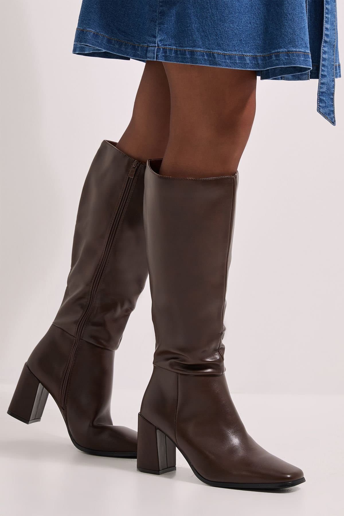 Dorothy Perkins Dorothy Perkins Women's Kristen Faux Leather Square Toe High Heel Knee Boots in Brown
