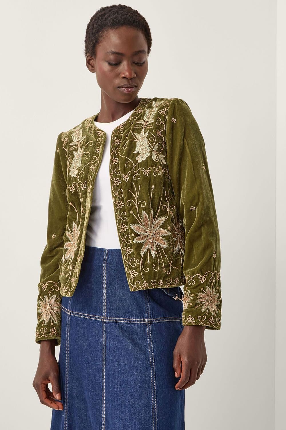 Monsoon Monsoon Green Floral Embroidered Velvet Jacket