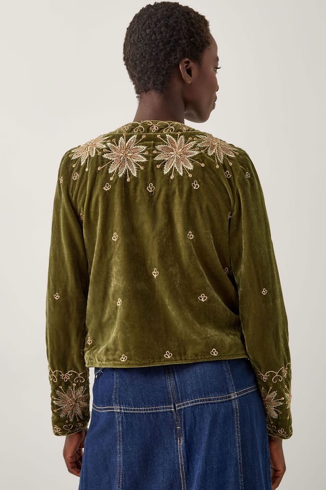 Monsoon Monsoon Women's Magda Floral Embroidered Velvet Jacket Green - 2