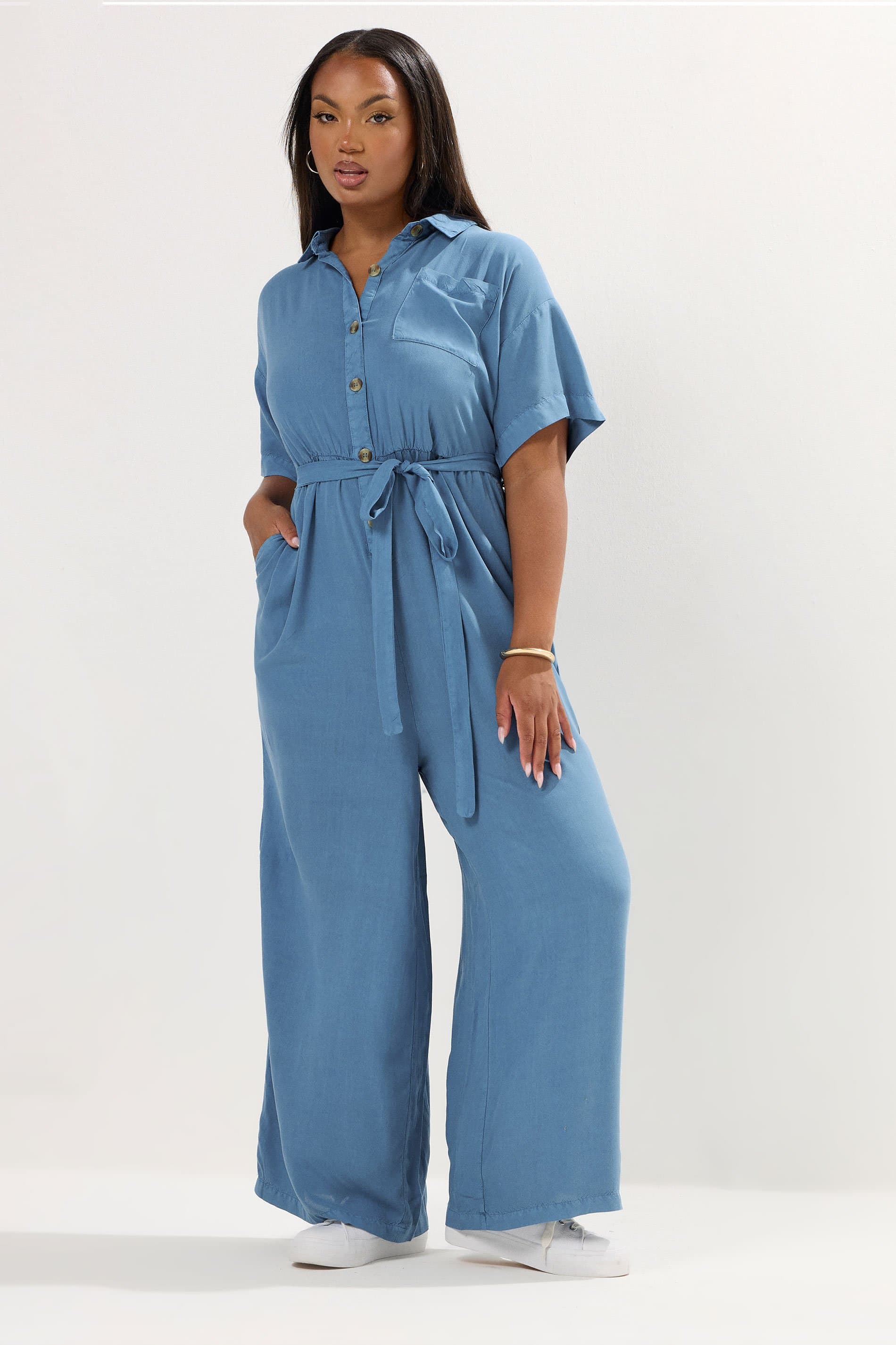 Yours Plus Size Blue Wide Leg Chambray Jumpsuit