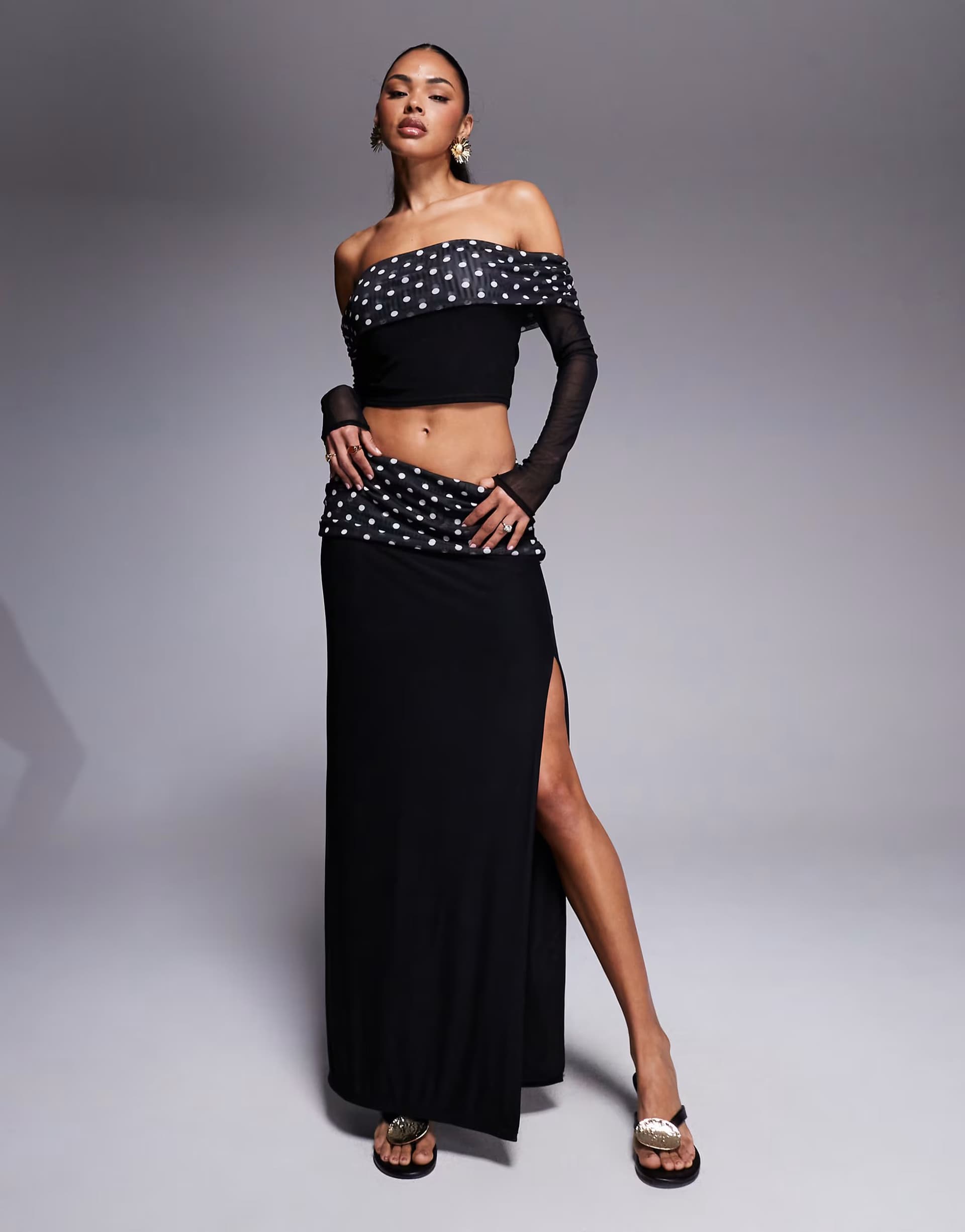ASOS Kaiia exclusive double layered slinky foldover waistband side split detail maxi skirt co-ord in polka dot