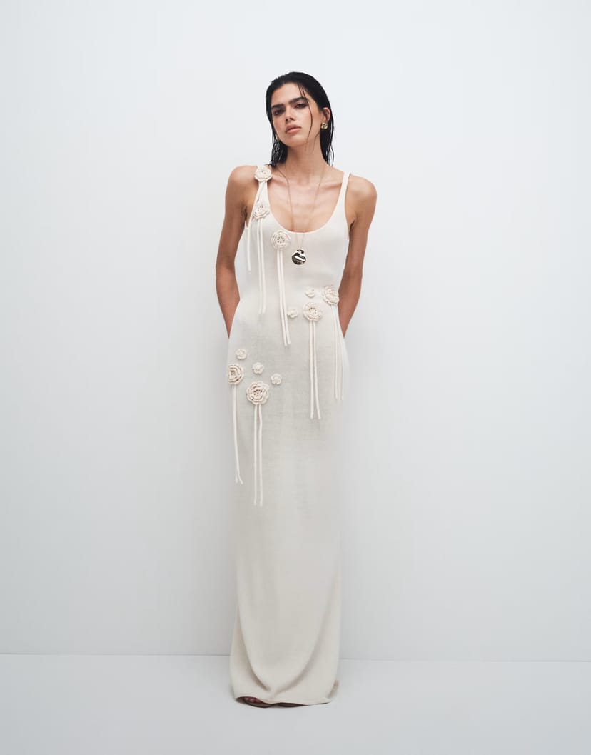 ASOS Wanderdoll Lillie knitted scoop neck corsage tassel detail maxi dress in vanilla - 1