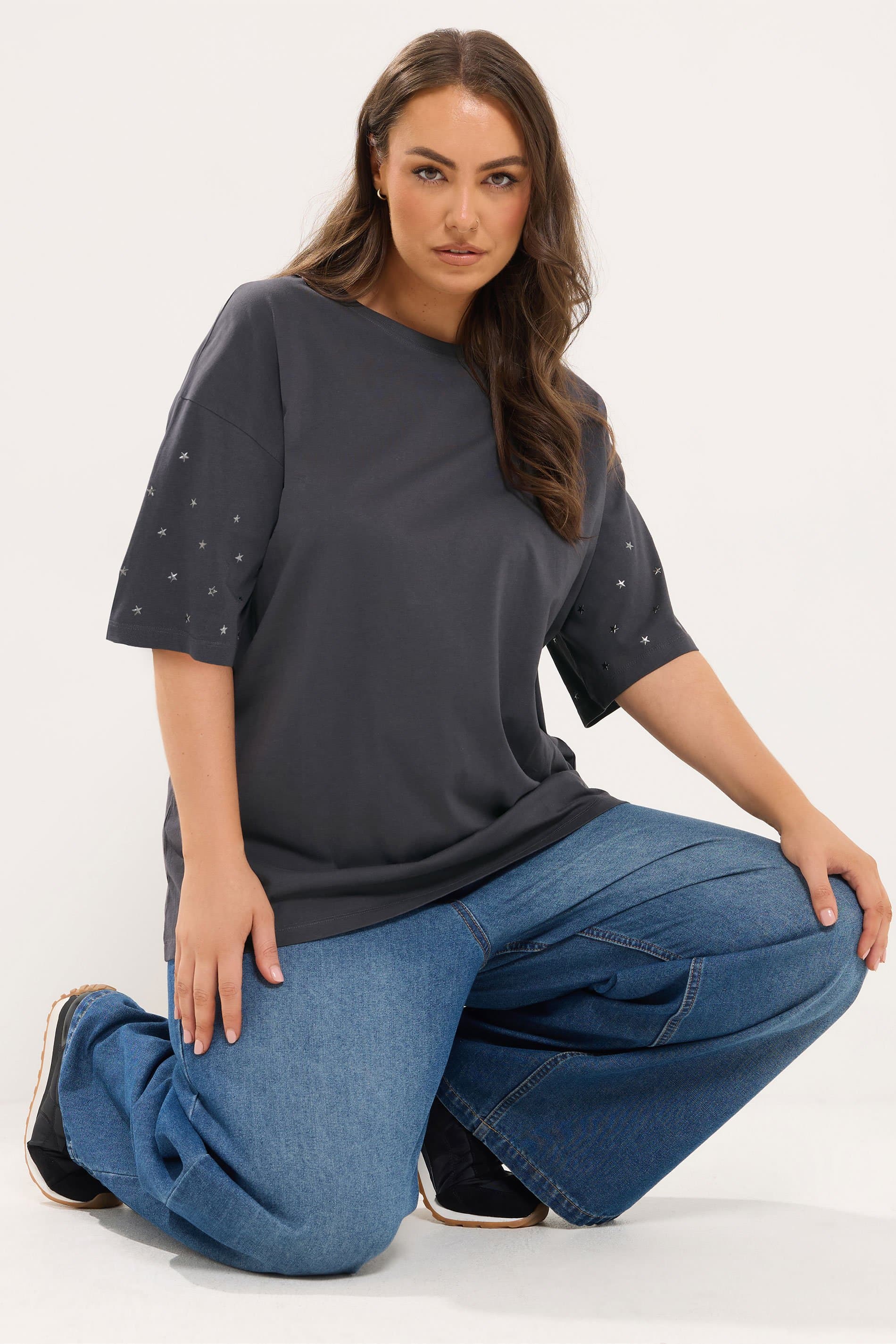 Yours Plus Size Grey Star Stud Sleeve Tshirt