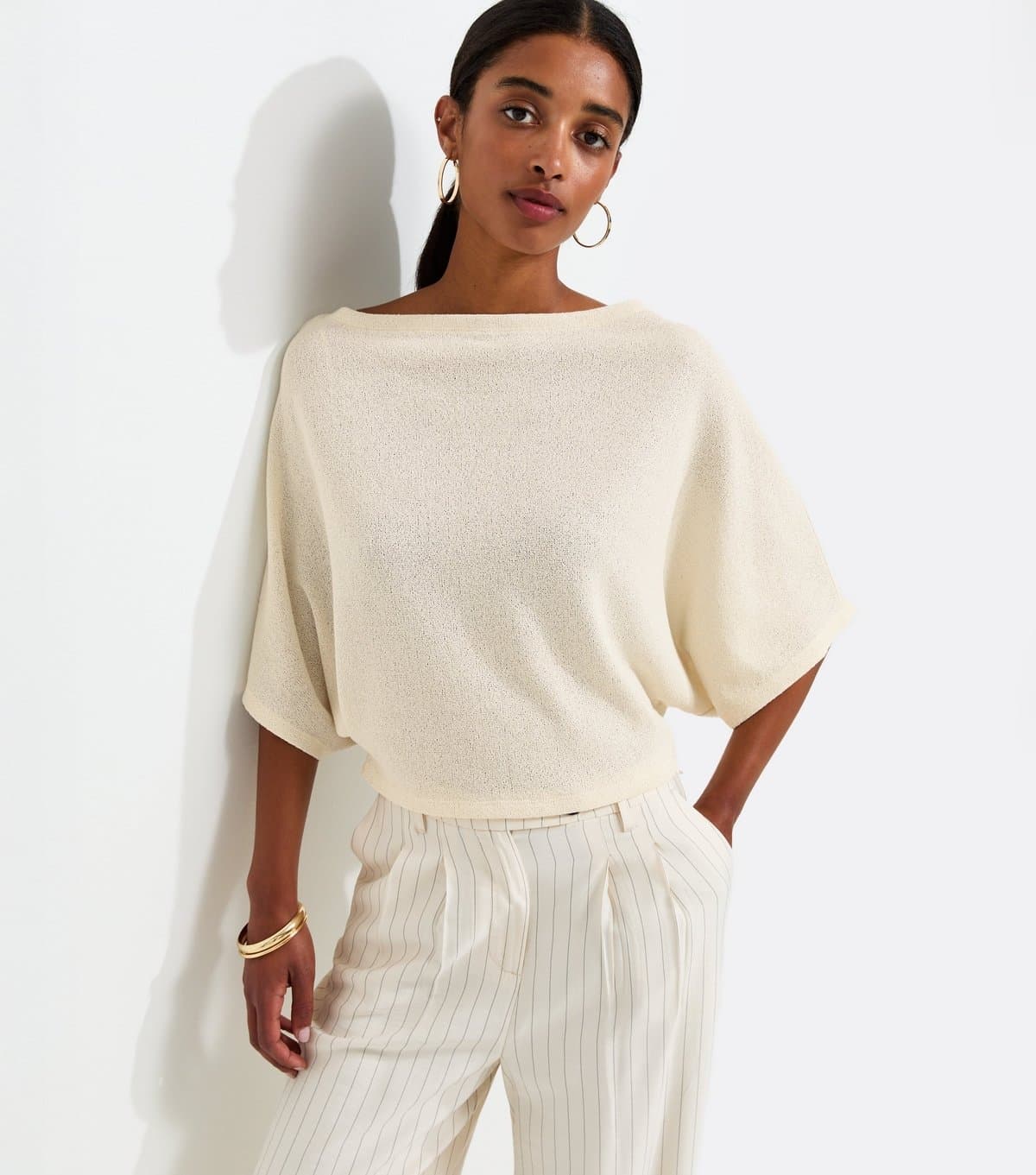 New Look Women's Off White Slash Neck Textured Batwing Top New Look