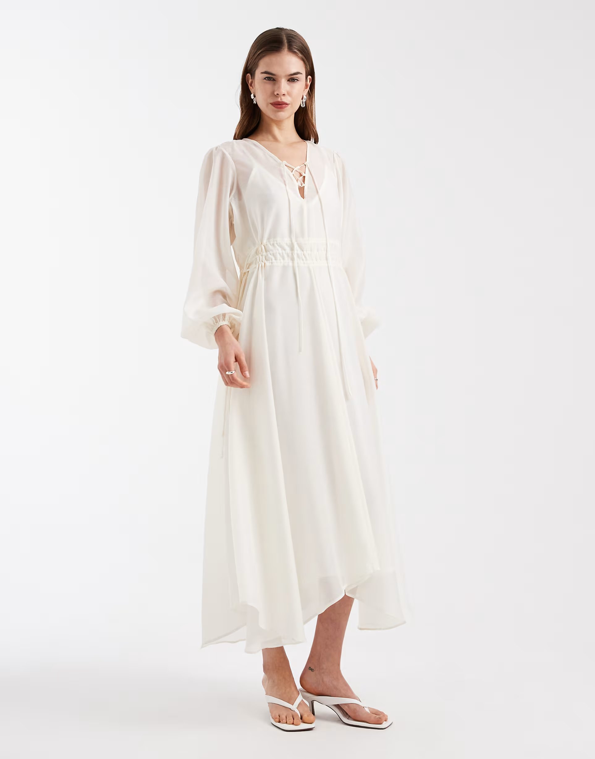 ASOS 4th & Reckless chiffon tie front balloon sleeve asymmetric floaty hem maxi dress in cream - 1