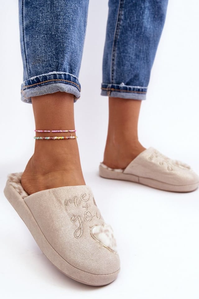 Love Lace Love Lace Women's Shiny Slip On Fur Lined Heart Inscription Thick Sole Slippers in Beige - 2