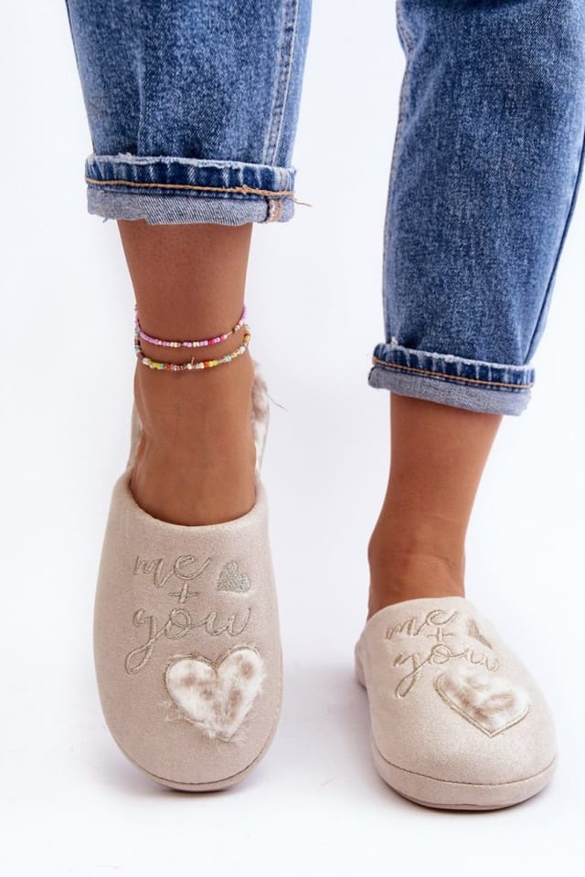 Love Lace Love Lace Women's Shiny Slip On Fur Lined Heart Inscription Thick Sole Slippers in Beige - 3