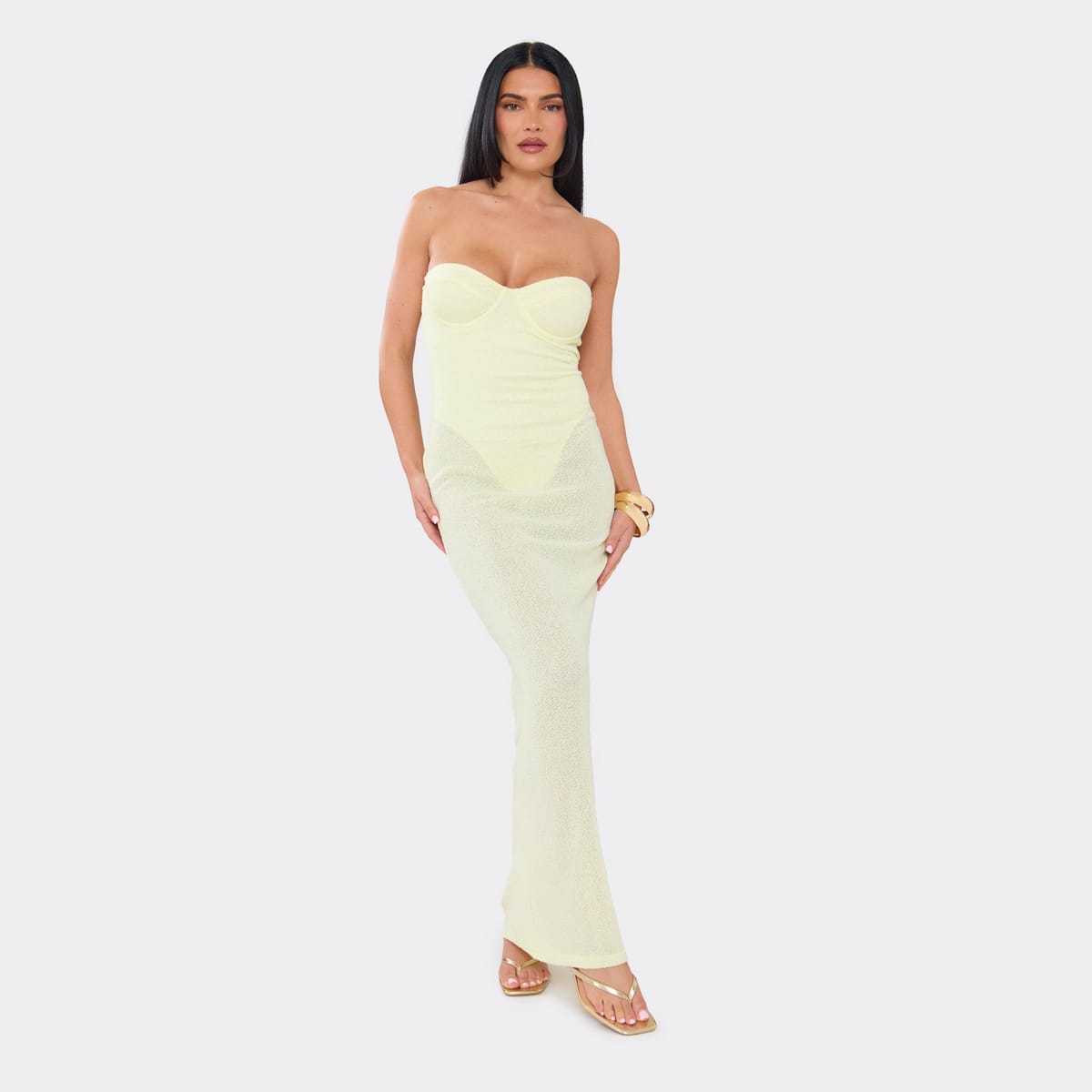 EGO Bandeau Bodysuit Detail Maxi Dress In Lemon., Women's Size UK 6 - 1