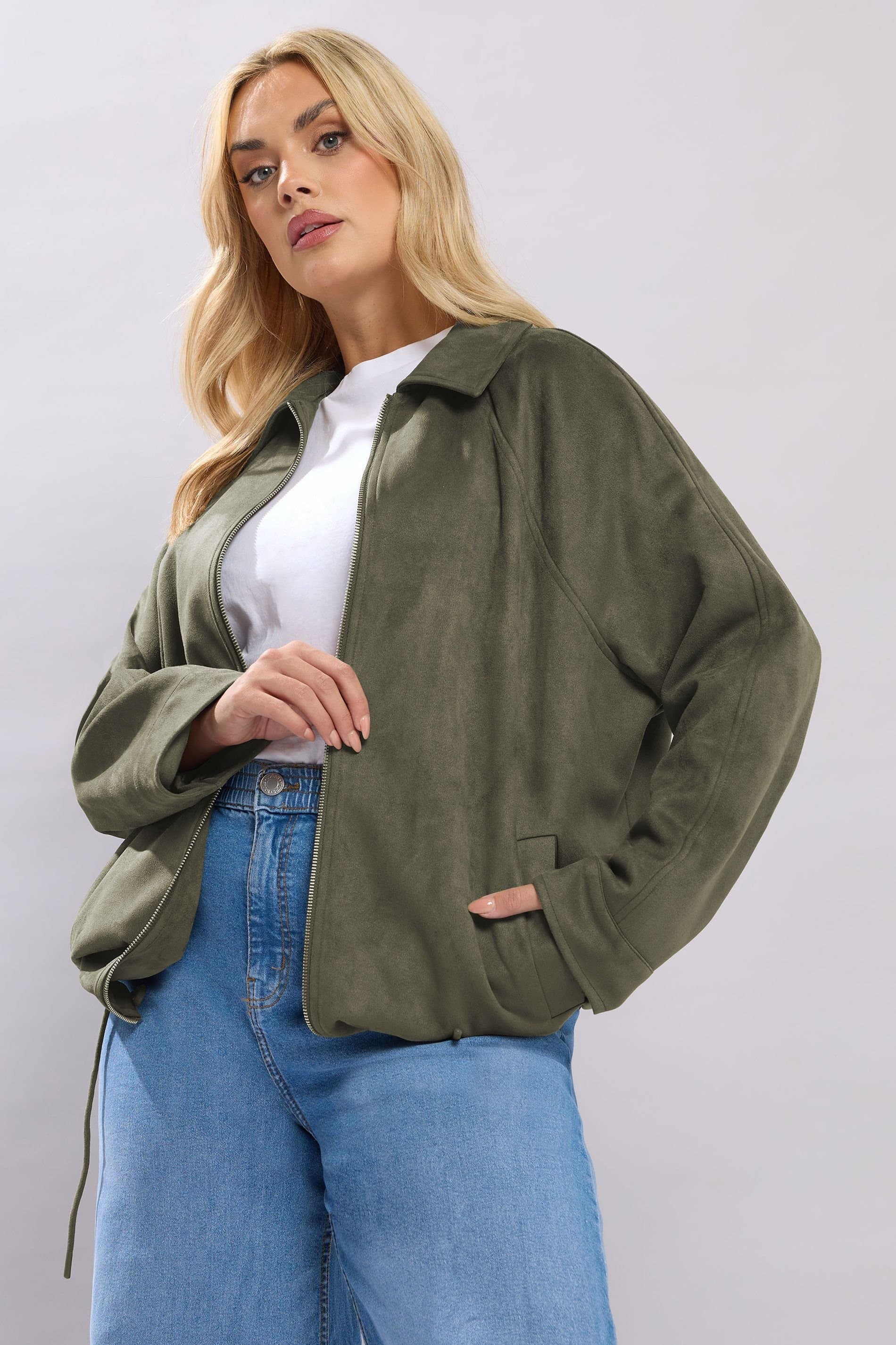 Yours Yours Green Faux Suede Bomber Jacket for Women