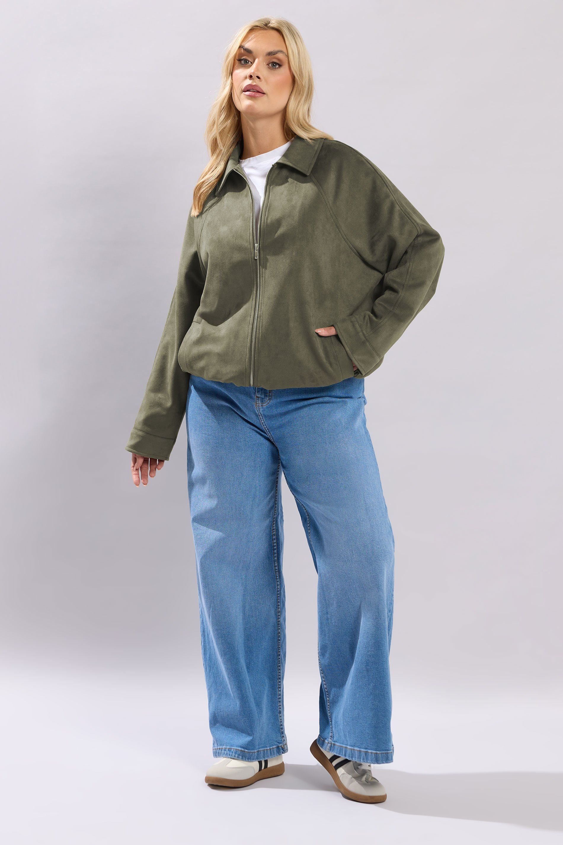 Yours Yours Women's Faux Suede Bomber Jacket in Green - 4