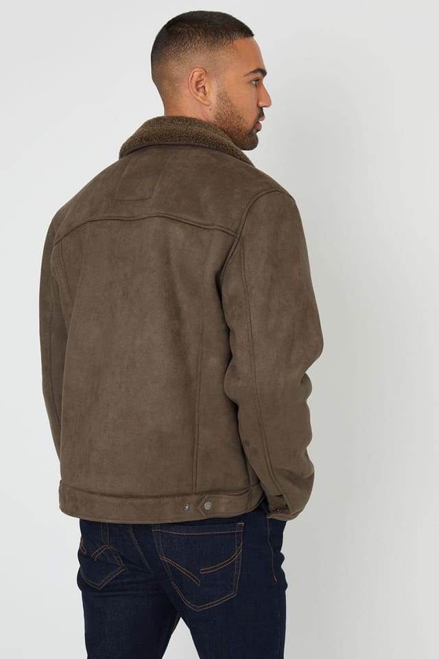 Threadbare Threadbare Men's 'Olpherts' Faux Suede Borg Lined Aviator Jacket in Khaki - 2