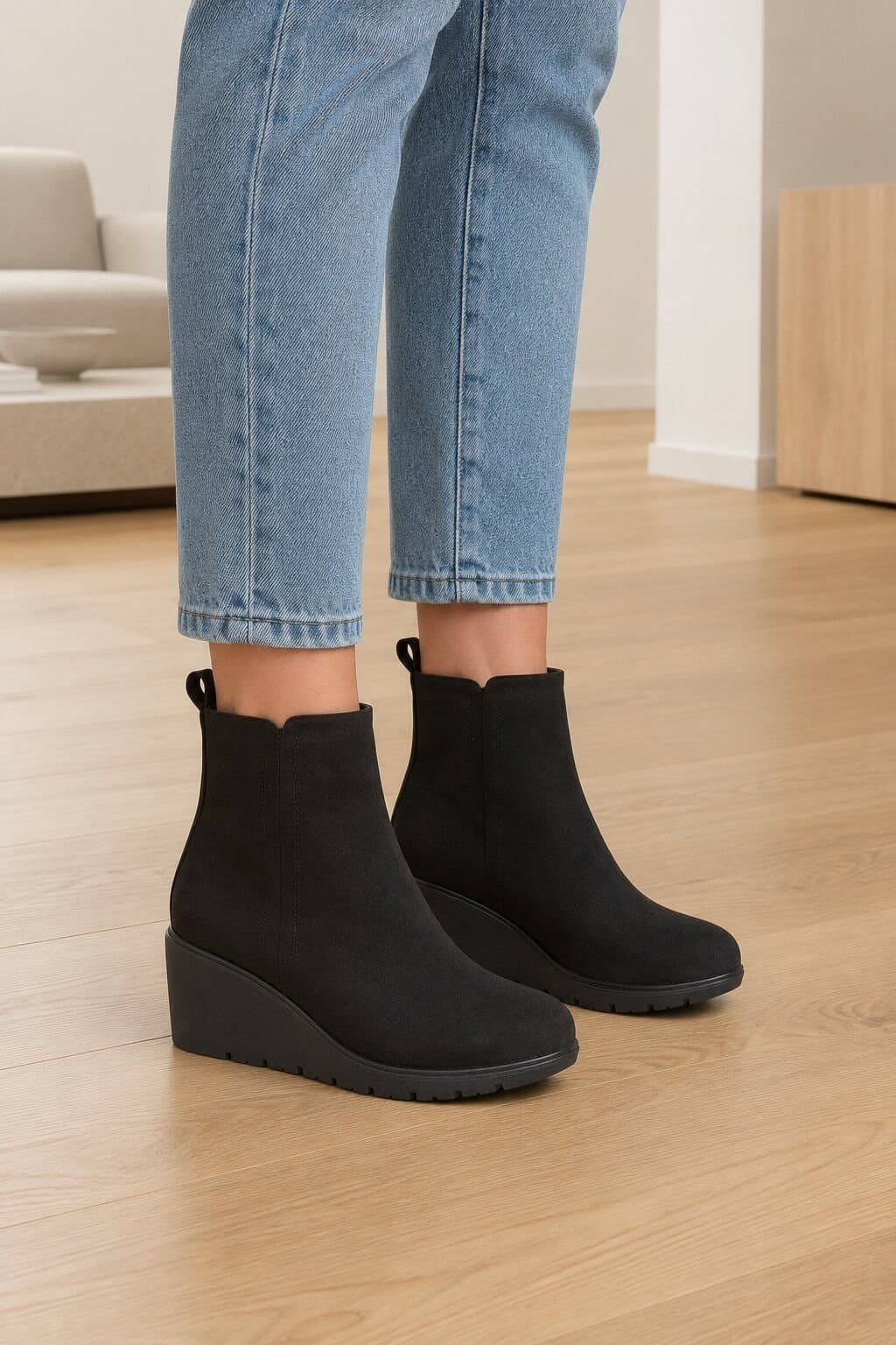 Truffle Collection Truffle Collection Women's Zip Ankle Boots Black Microfibre Round Toe Wedge Heel Shoes