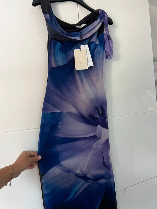 Kaiia Kaiia exclusive mesh thigh split one shoulder twist detail maxi dress in purple / blue floral