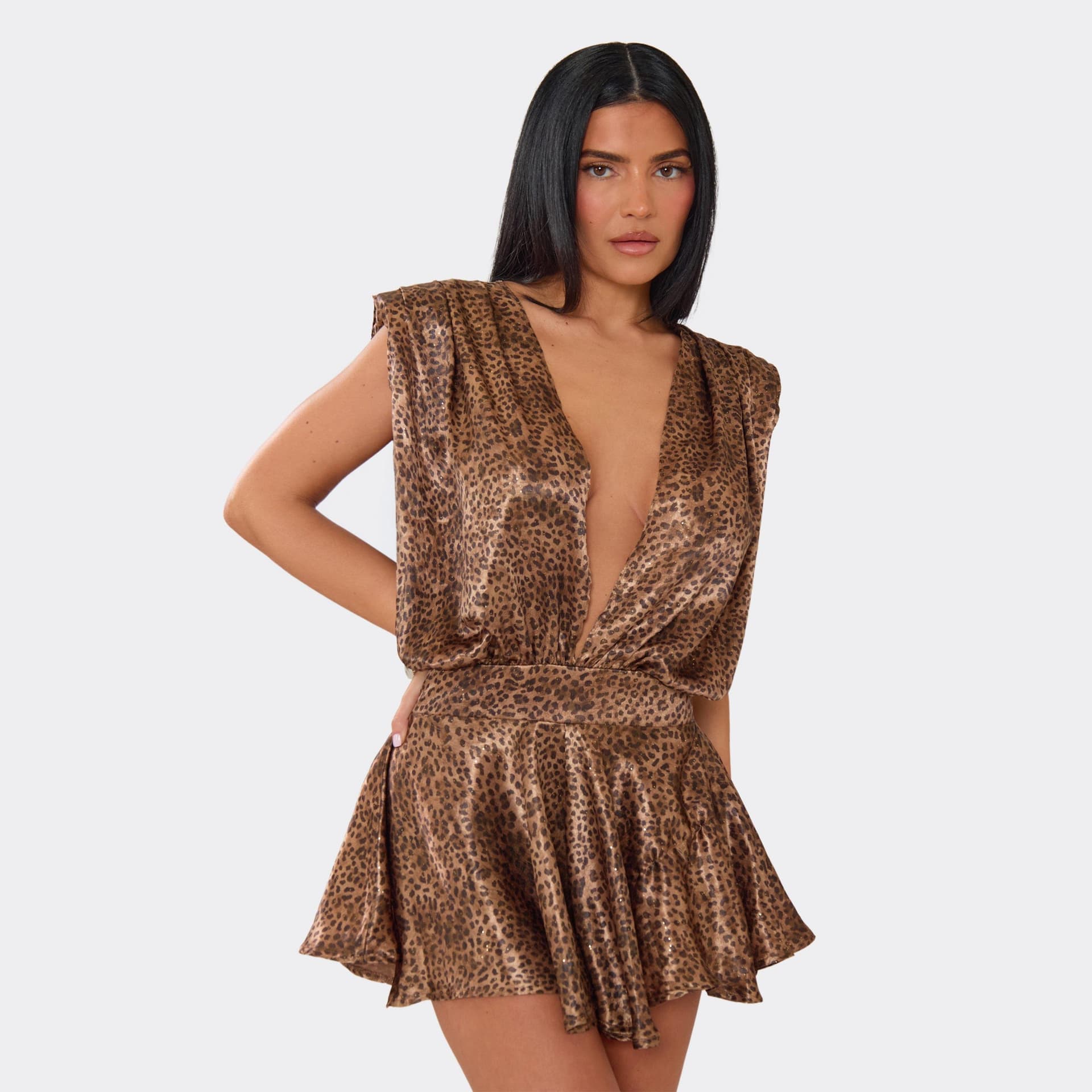 EGO Plunge Neck Open Back Flippy Hem Playsuit In Brown Leopard Print, Women's Size UK 6
