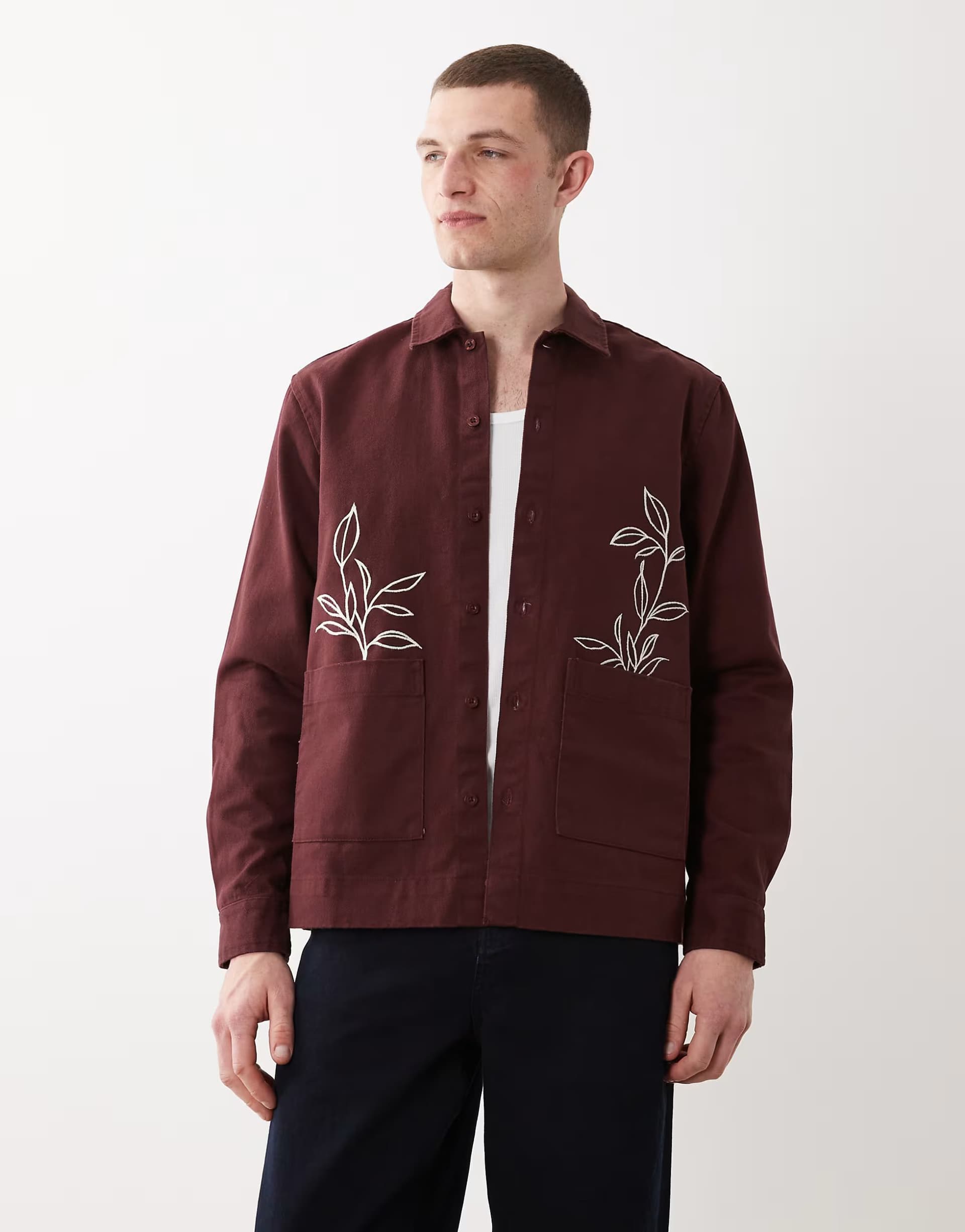 ASOS New Look boxy fit embroidered overshirt in burgundy