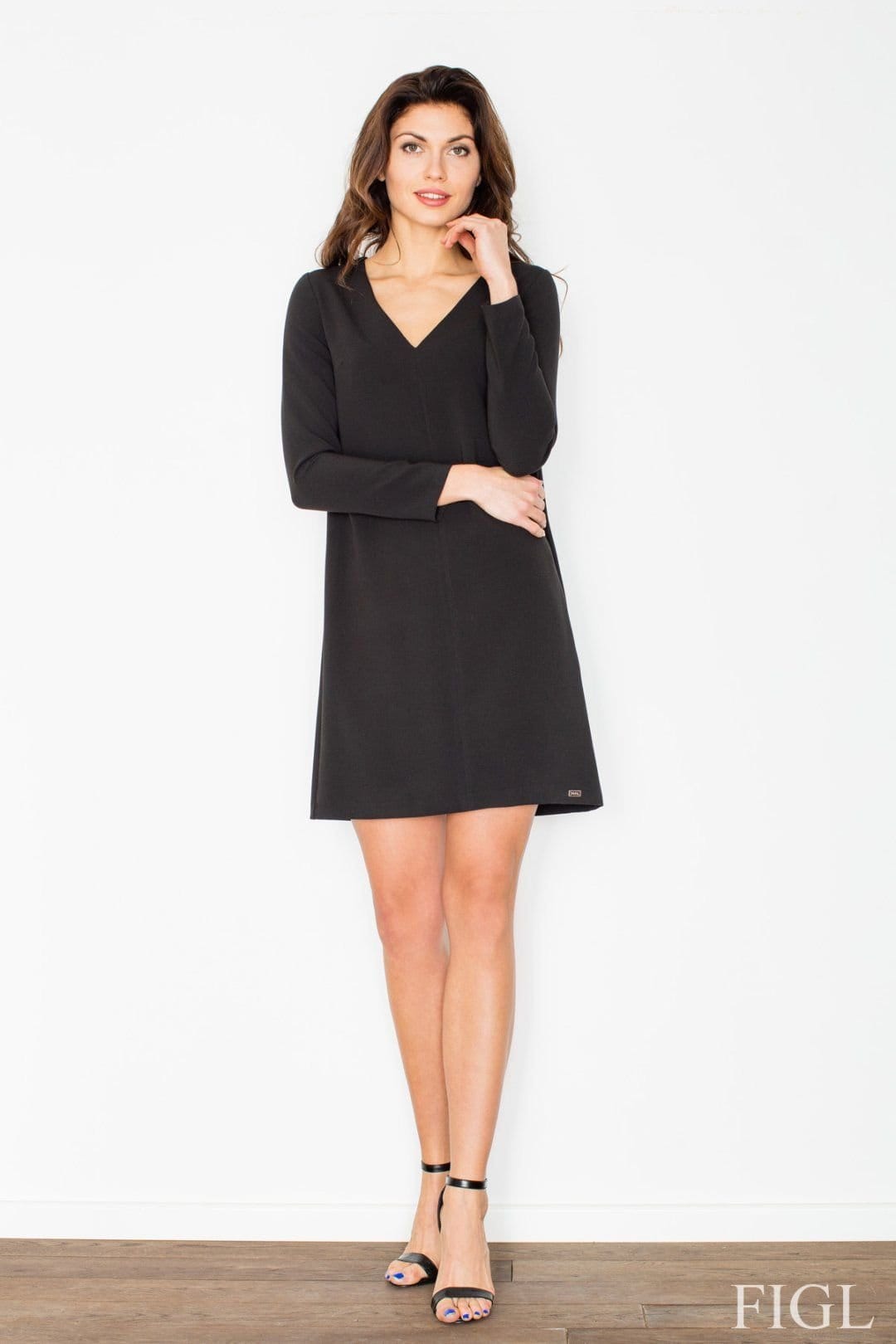 Love Lace Black V-neck Long Sleeve Dress in Smooth Fabric