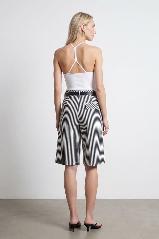 Dilvin Dilvin Women's High-waist Striped Belted Tailored Shorts - 2