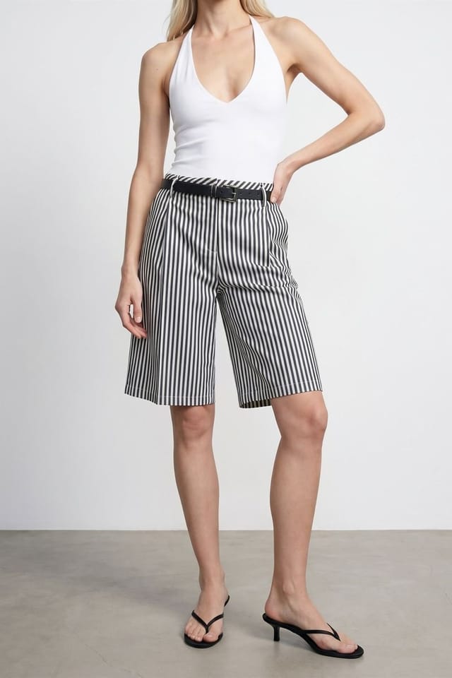 Dilvin Dilvin Women's High-waist Striped Belted Tailored Shorts - 3