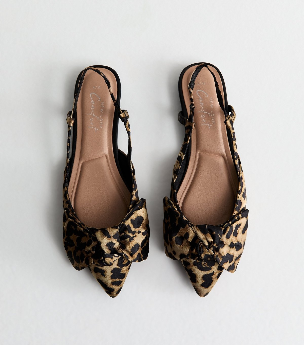 New Look Women's Brown Leopard Print Satin Bow Slingback Ballerina Pumps Vegan New Look - 1