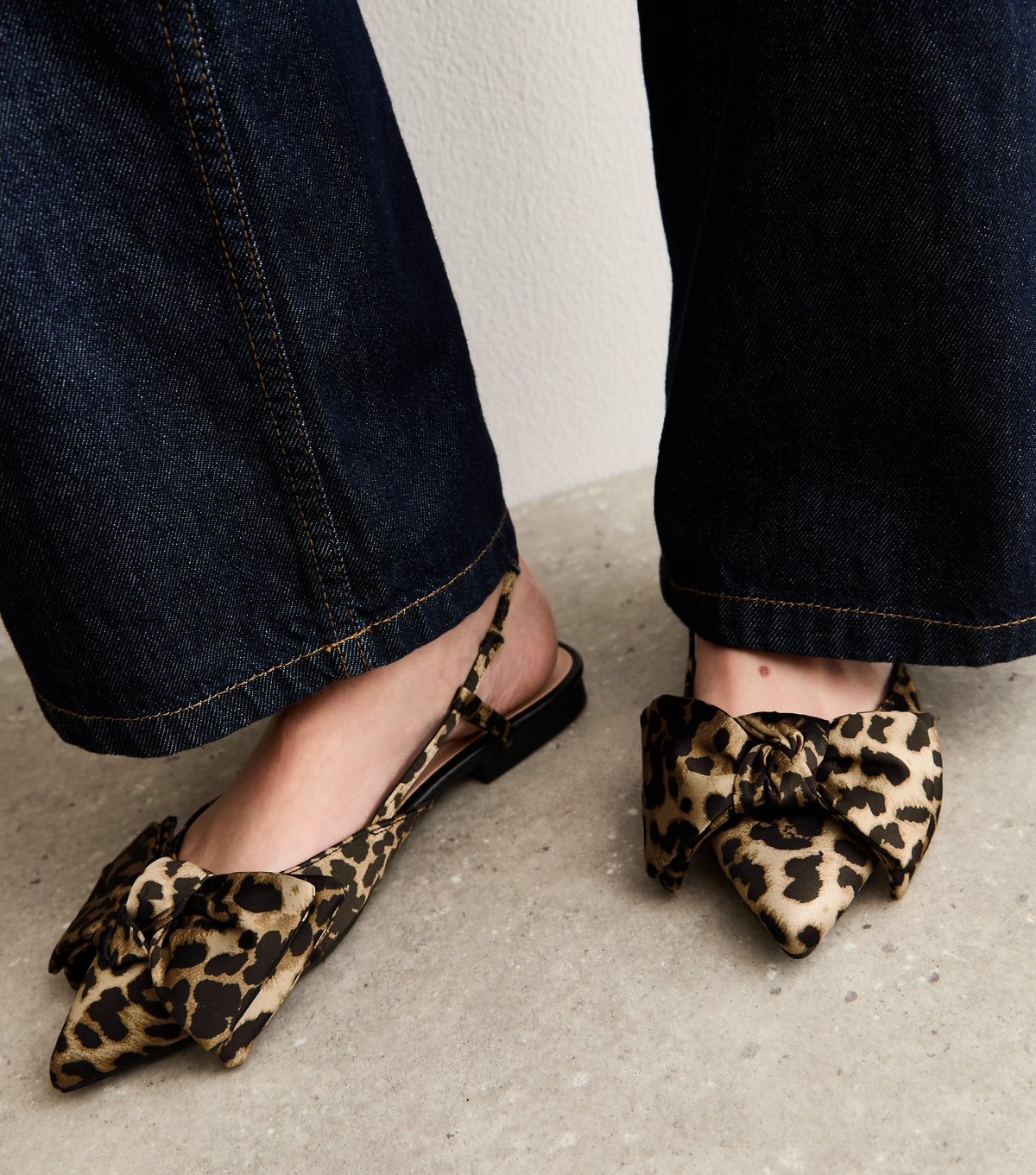 New Look Women's Brown Leopard Print Satin Bow Slingback Ballerina Pumps Vegan New Look - 2