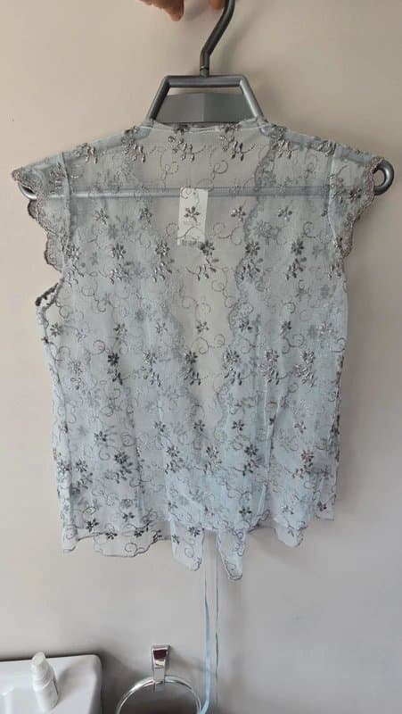 Topshop Topshop Light Blue Silver Embellished Mesh Tie-Front Top – Size 10 (Euro 38)