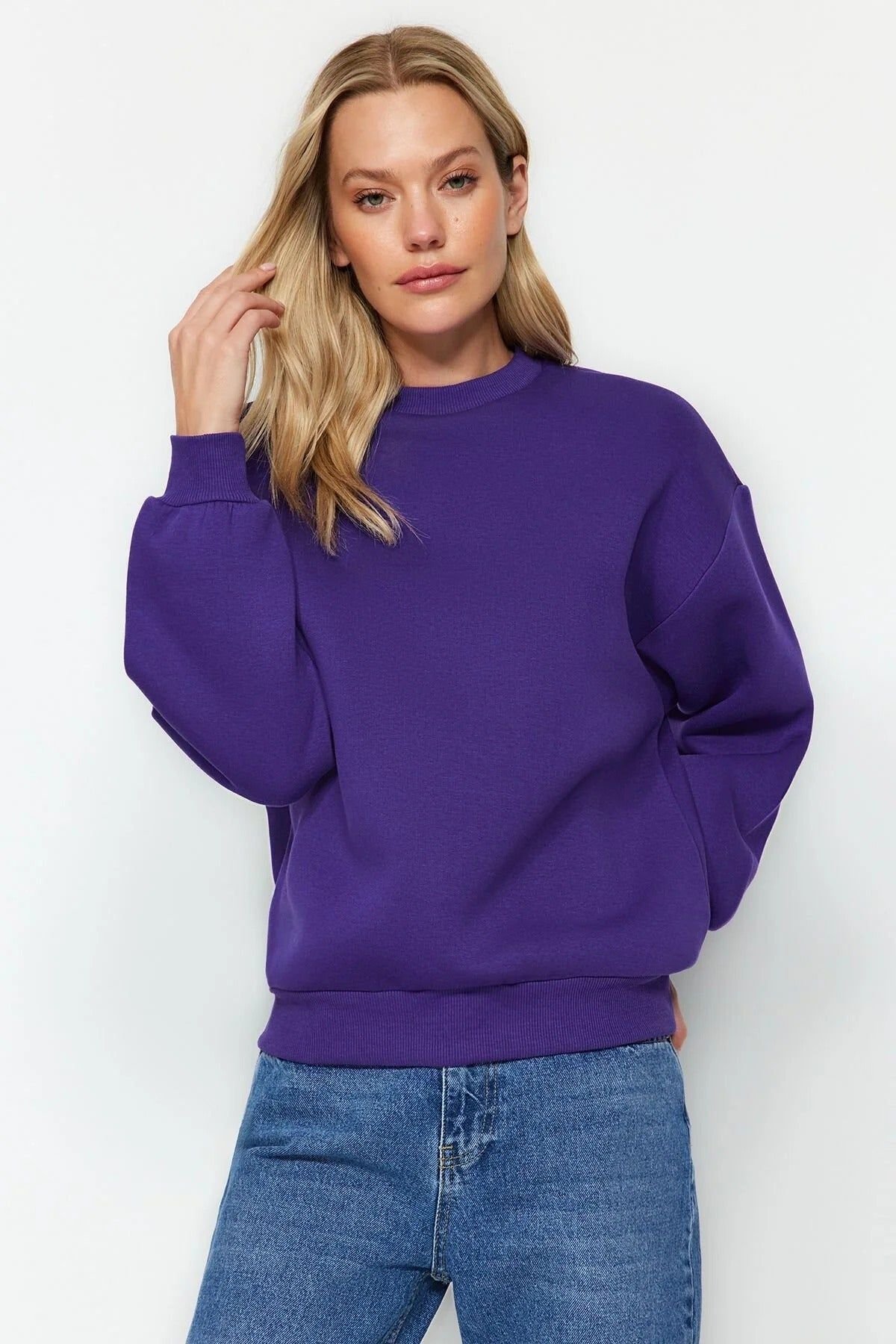 HOXTON GAL HOXTON GAL Women's Thick Fleece-Lined Regular Fit Crew Neck Sweatshirt in Purple - 2
