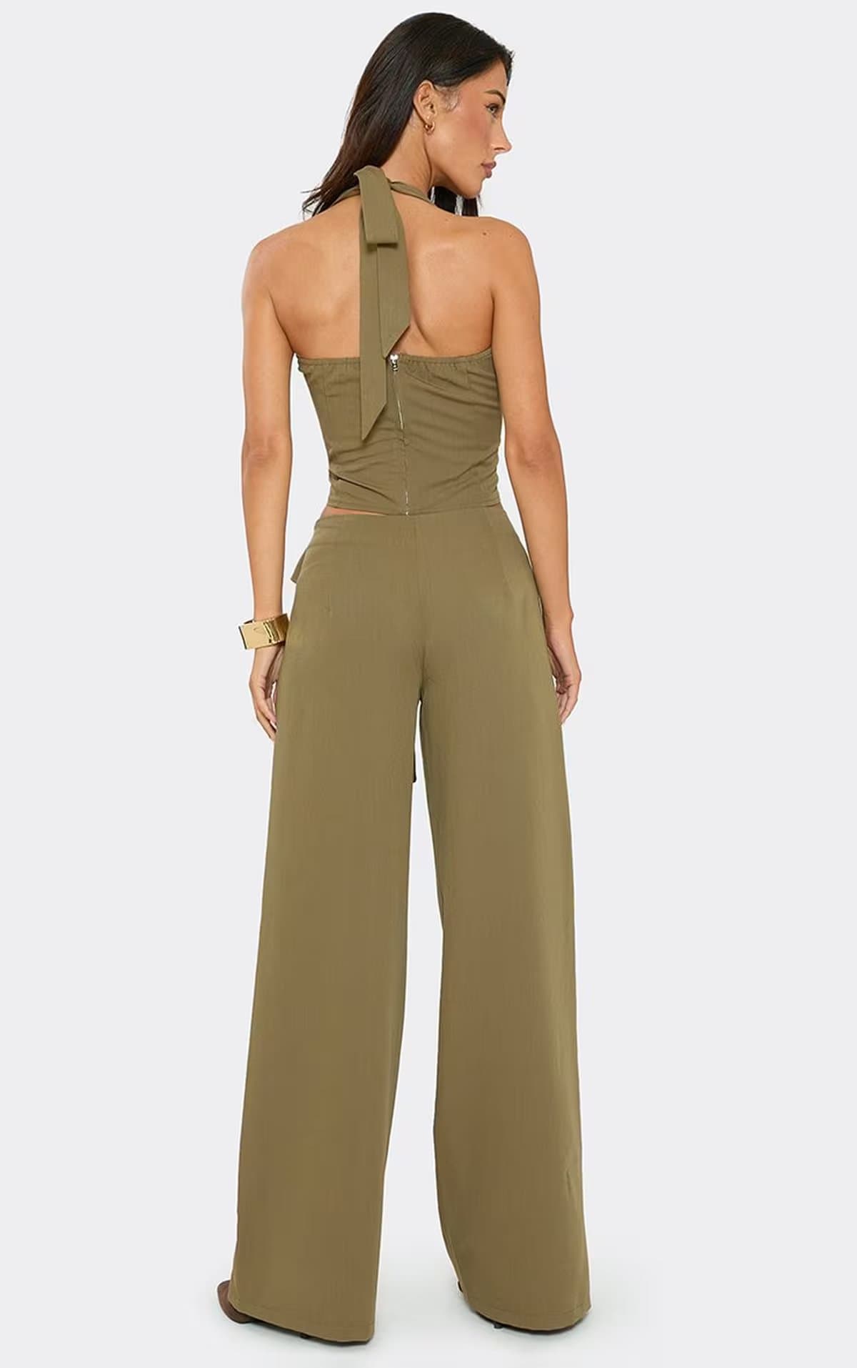 EGO Mid Rise Tie Waist Straight Leg Trousers In Khaki, Women's Size UK 6