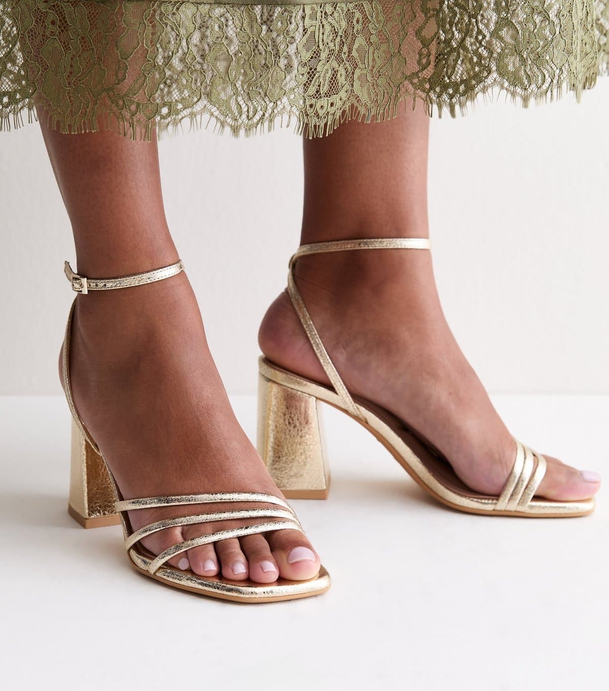 New Look Women's Gold Faux Leather Asymmetrical Block Heel Vegan New Look