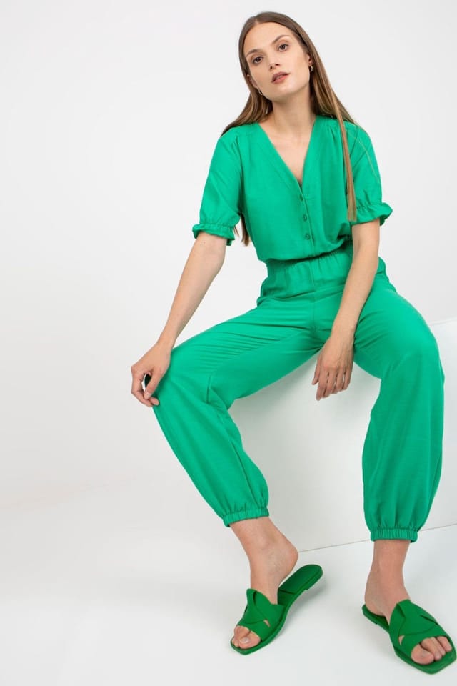 Love Lace Love Lace Women's Summer Button Front Overalls Jumpsuit in Green - 2