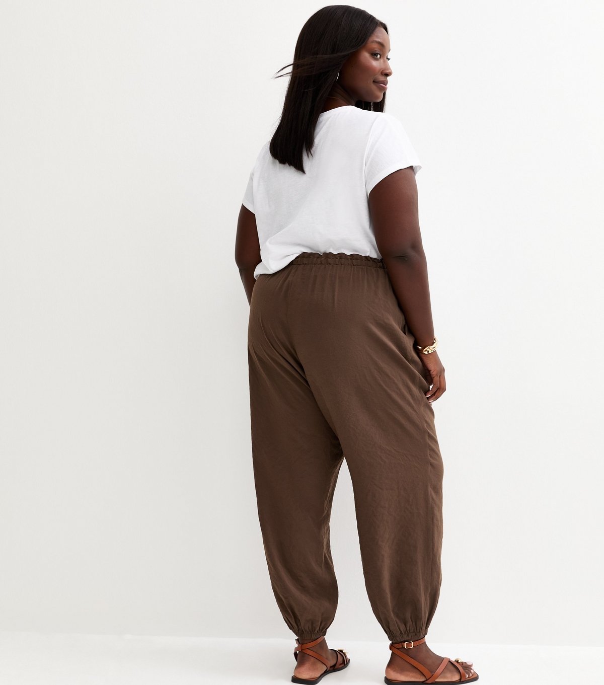 New Look Women's Plus Size Dark Brown Drawstring Waist Cuffed Joggers Curves New Look - 4