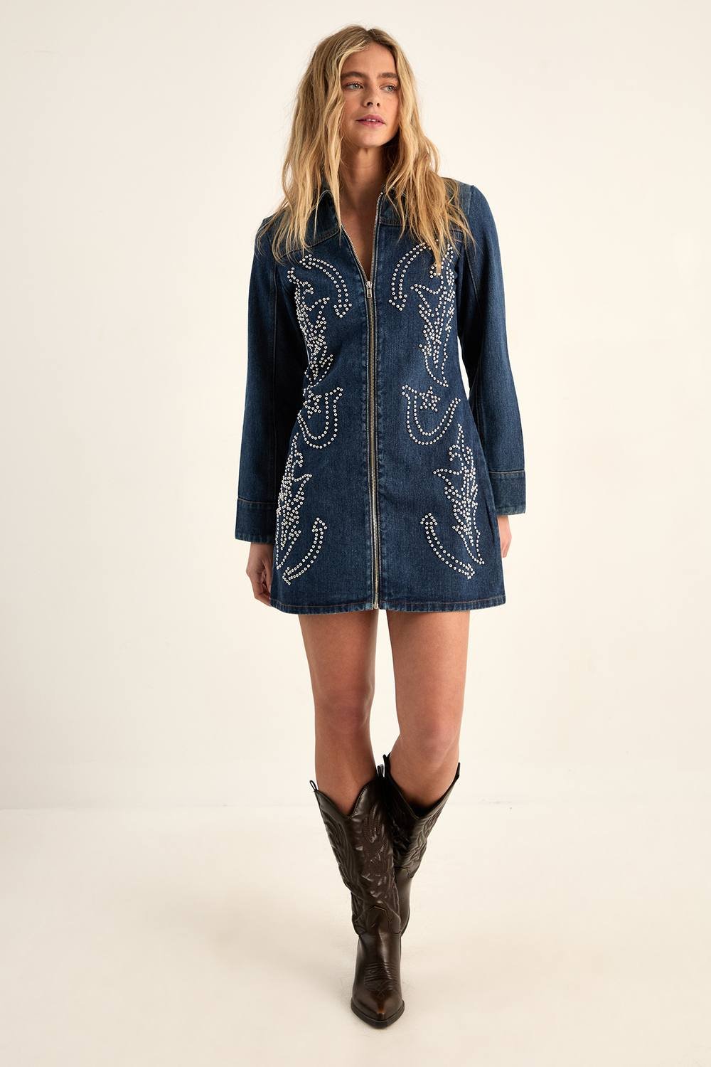 NastyGal NastyGal Women's Western Studded Zip Front Denim Mini Dress in Authentic Midwash - 2