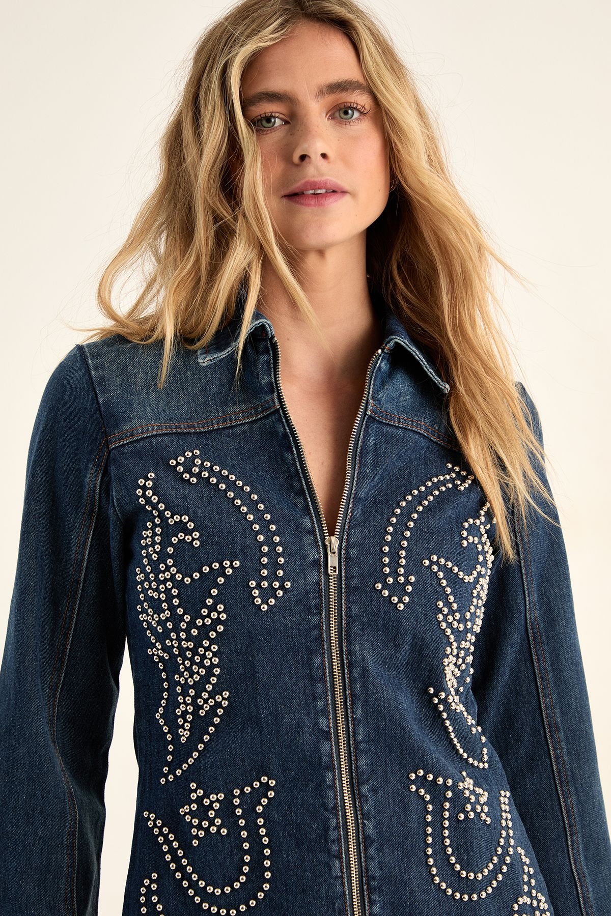 NastyGal NastyGal Women's Western Studded Zip Front Denim Mini Dress in Authentic Midwash - 3