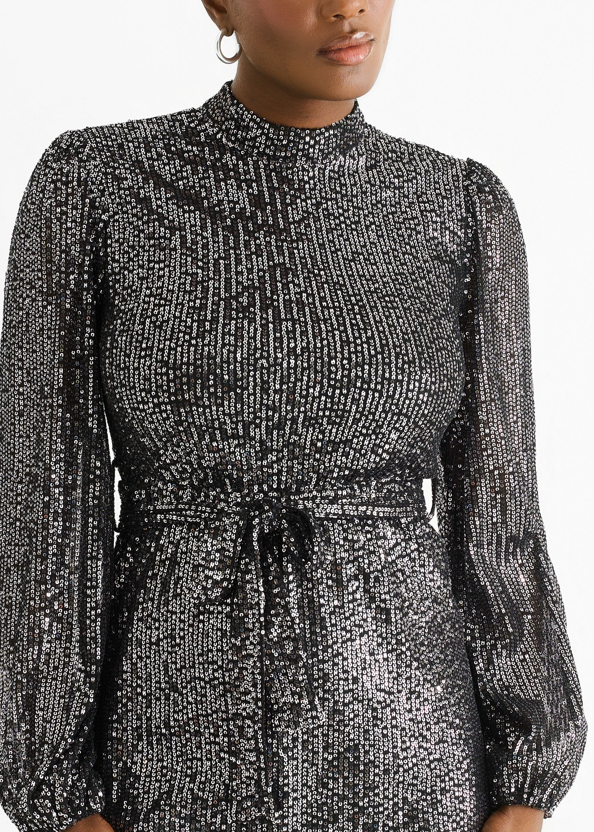 Gini London Gini London Women's Black High Neck Long Sleeves Belted Sequin Dress - 2