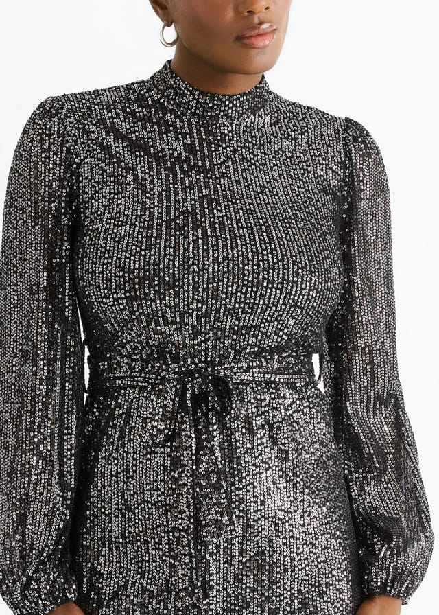 Gini London Gini London Women's Black High Neck Long Sleeves Belted Sequin Dress - 2