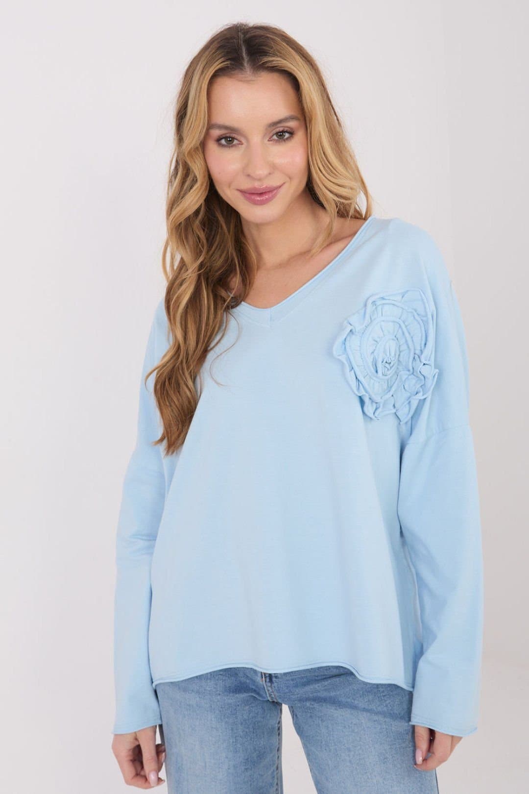 Love Lace Love Lace Women's Cotton Elastane Casual V Neck Applique Blouse in Blue