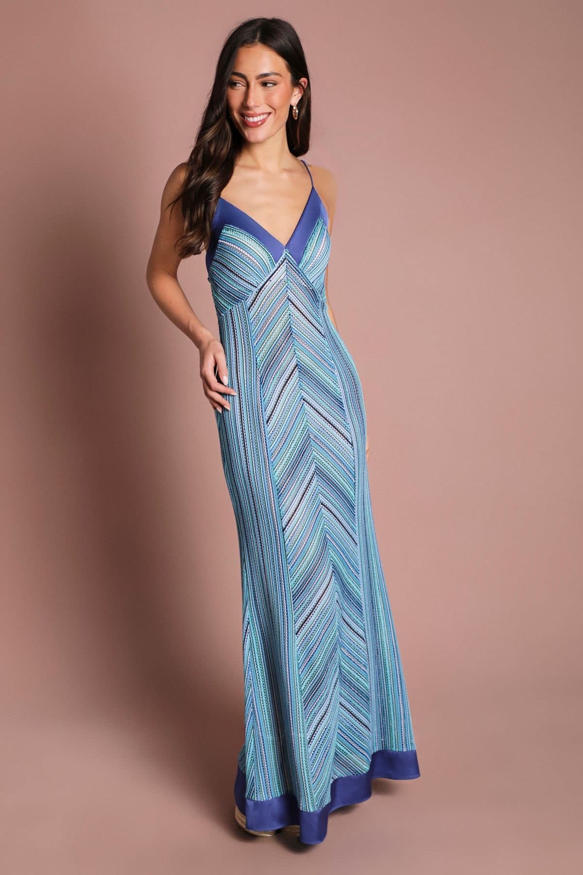 Coast Coast Women's Crochet Maxi Dress With Satin Trim in Cobalt