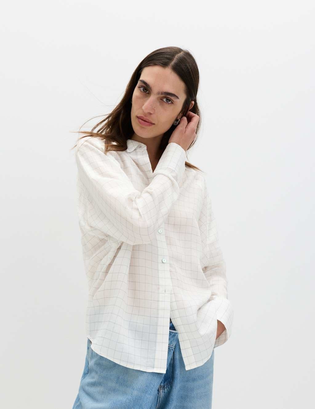 Marks & Spencer M&S Lyocell Rich Checked Collared Oversized Shirt White Mix