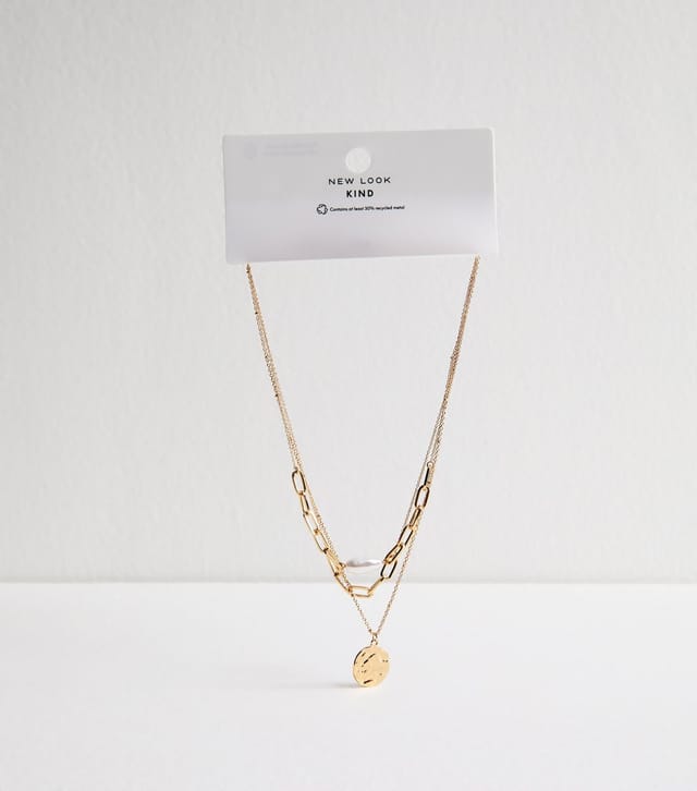 New Look Gold Tone Triple Chain Hammered Disk Necklace New Look - 3
