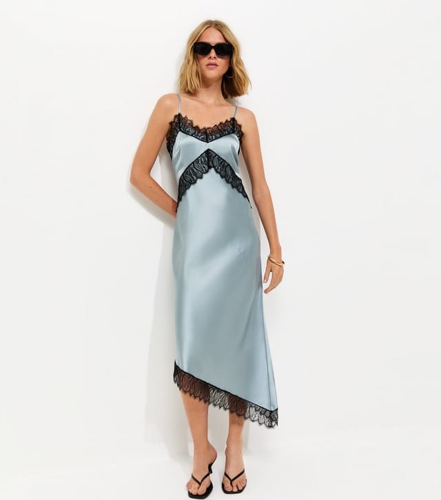 New Look Women's Light Blue Satin Strappy Asymmetric Midi Dress New Look - 3