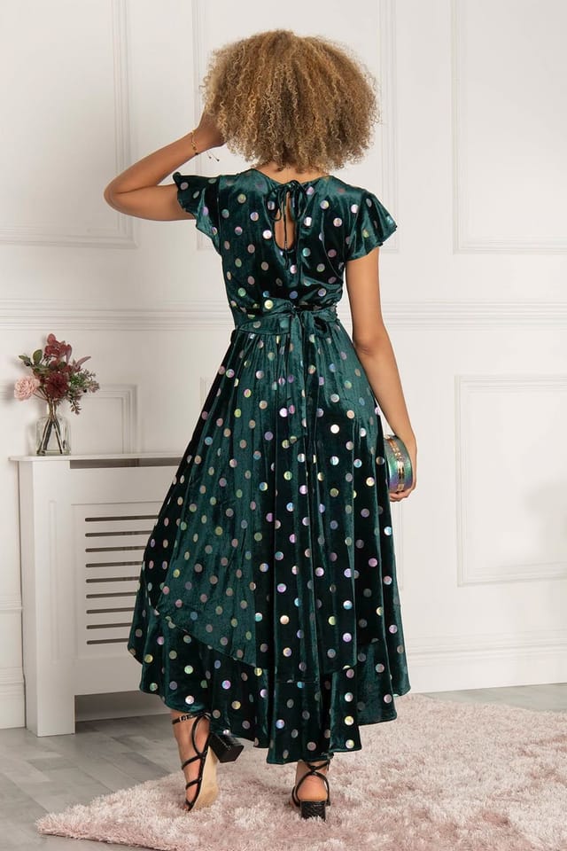 Jolie Moi Jolie Moi Women's Frill V Neck Velvet Dress in Green - 2