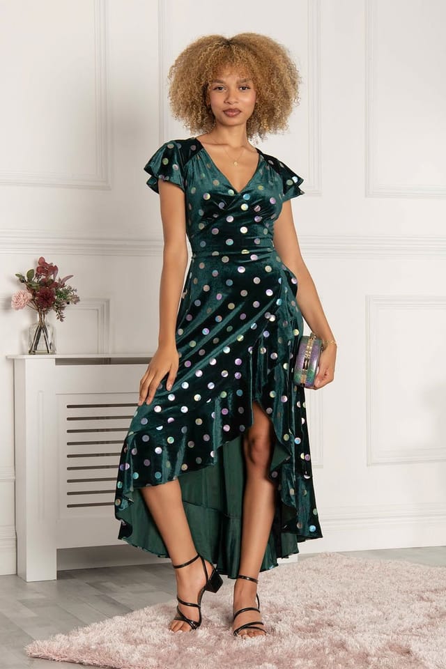Jolie Moi Jolie Moi Women's Frill V Neck Velvet Dress in Green - 3