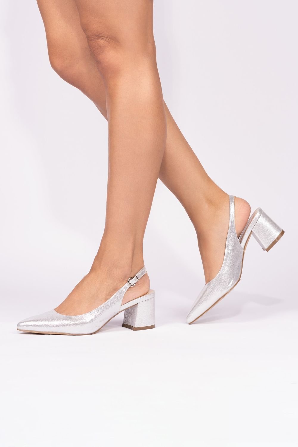 Paradox London Paradox London Women's Shimmer 'Imelda' Mid Heel Block Heel Sling Back Court Shoes in Silver - 4