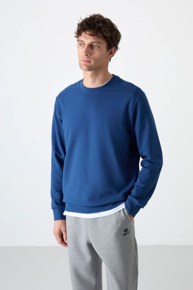 Tommy Life Tommy Life Men's Plain Crew Neck Sweatshirt in Mid Navy - 2