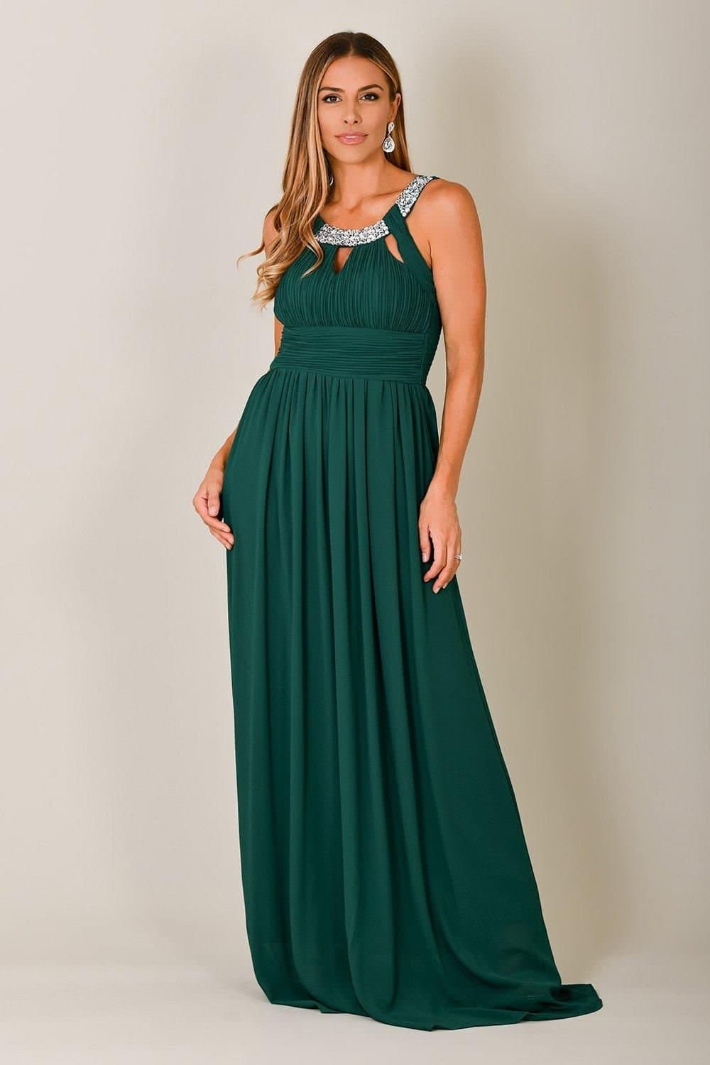 KRISP KRISP Women's Diamante Neck Chiffon Maxi Dress in Dark Green