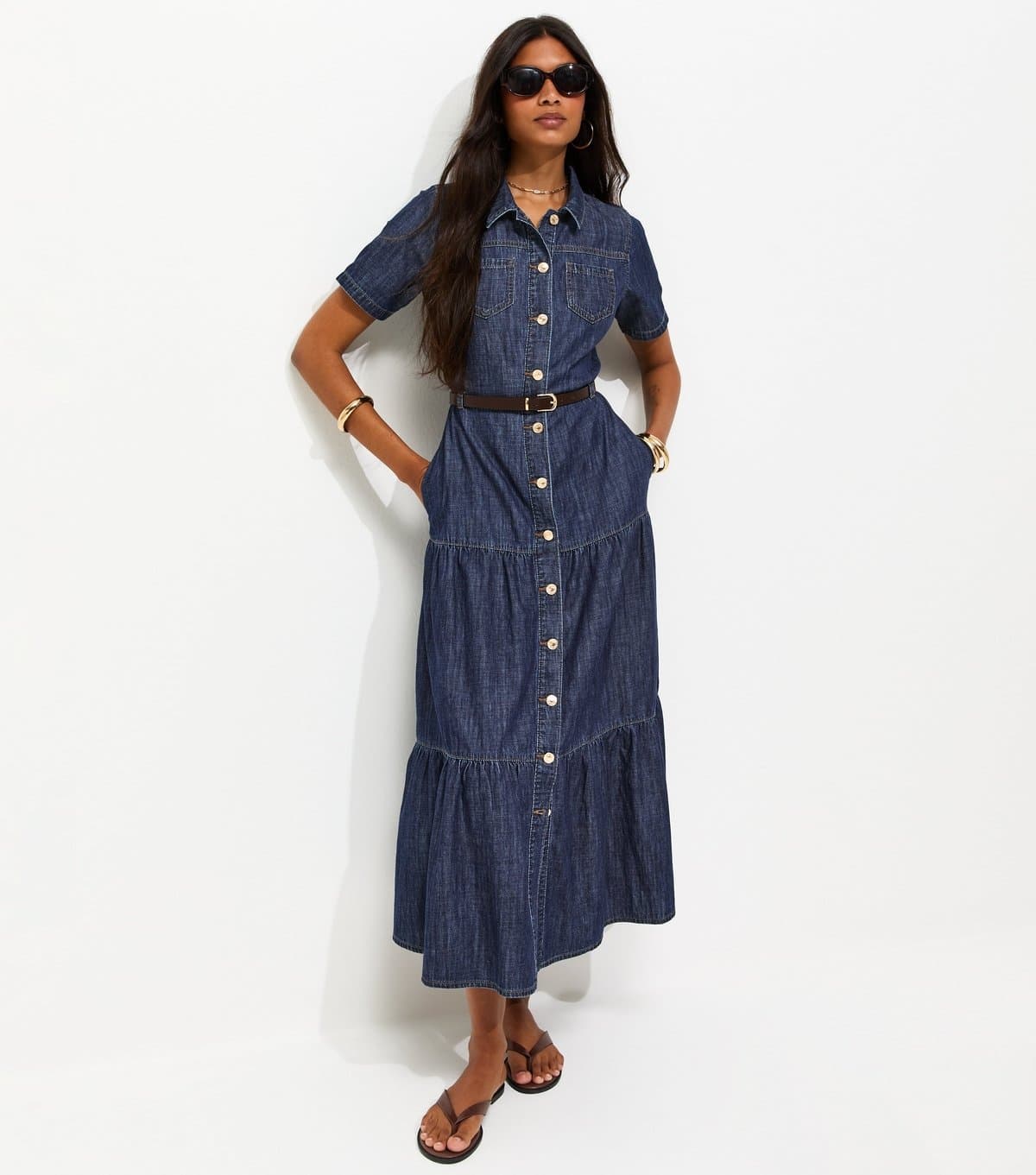 New Look Women's Blue Cotton Short Sleeve Tiered Belted Denim Midi Dress New Look